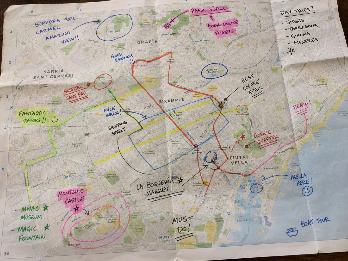 Annotated paper map from a family trip